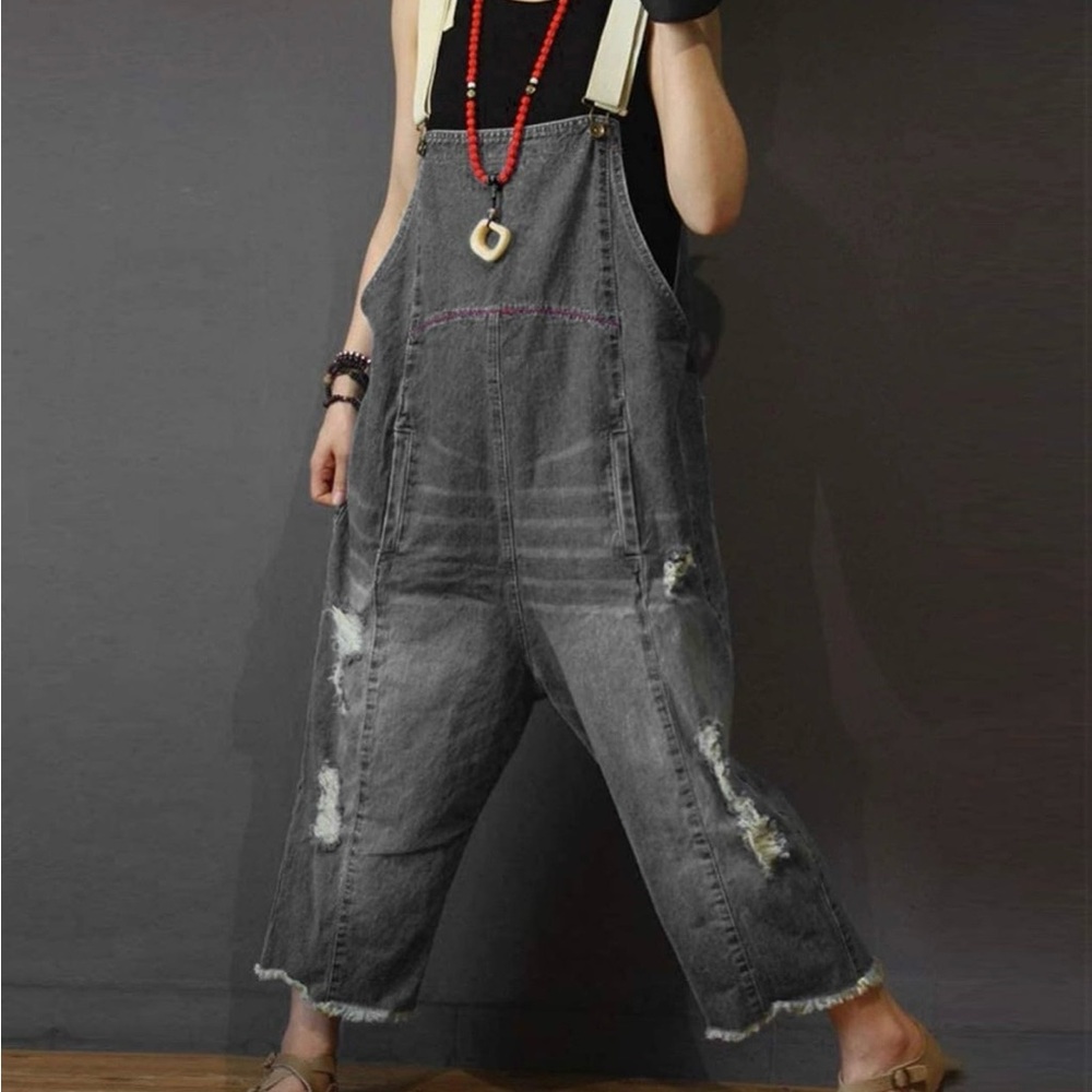 YESNO Women’s Loose Cropped Denim Distressed Grey/Black Overalls (XL) / 14-16 - Picture 5 of 7
